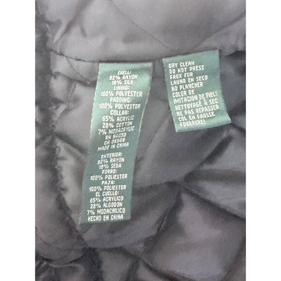 Lauren Ralph Lauren Jacket S Petite Black Silk Blend Faux Fur Hooded Quilted Zip - Picture 7 of 11